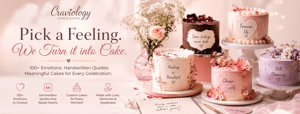 A beautifully arranged display of cakes with pastel colours and floral decorations, featuring handwritten quotes on each cake. The text promotes emotional connections and personalized cakes for celebrations.