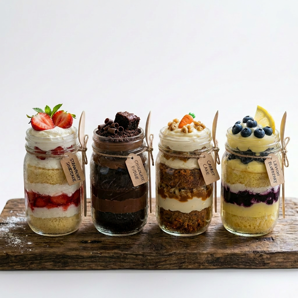 Four mason jars with strawberry shortcake, chocolate fudge, carrot cake, and lemon blueberry desserts