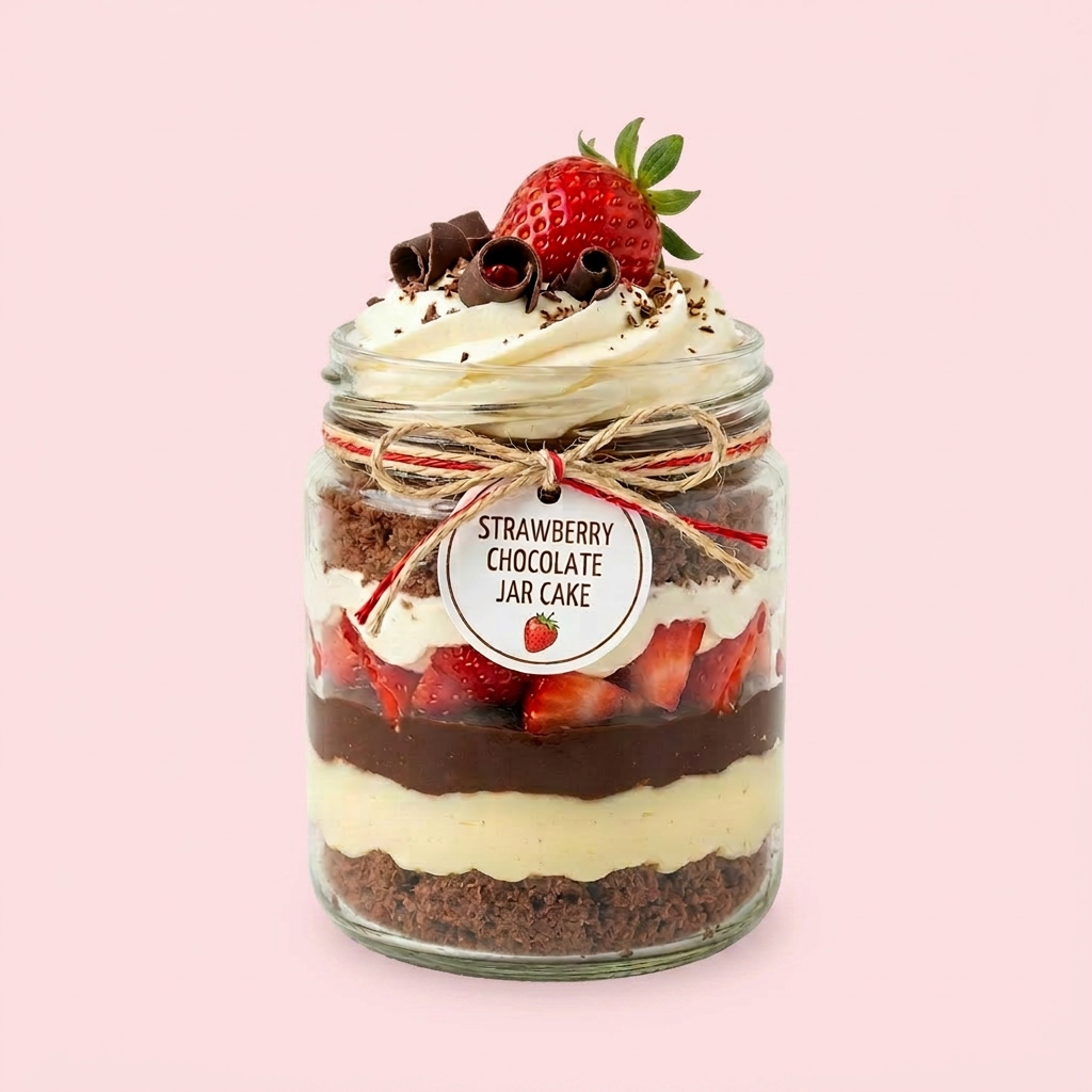 Glass jar with layered strawberry chocolate cake topped with whipped cream and chocolate curls