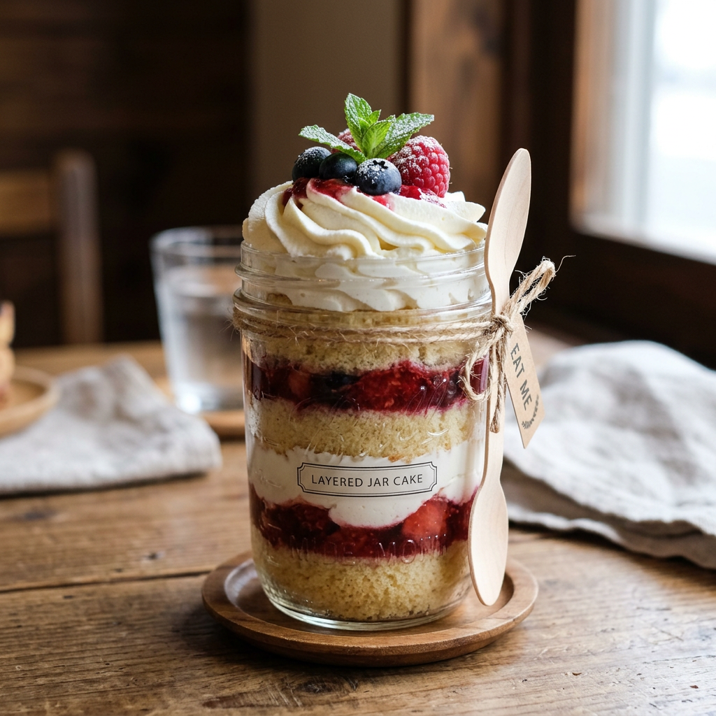 Layered jar cake with whipped cream, mixed berries, and sponge cake in a glass jar