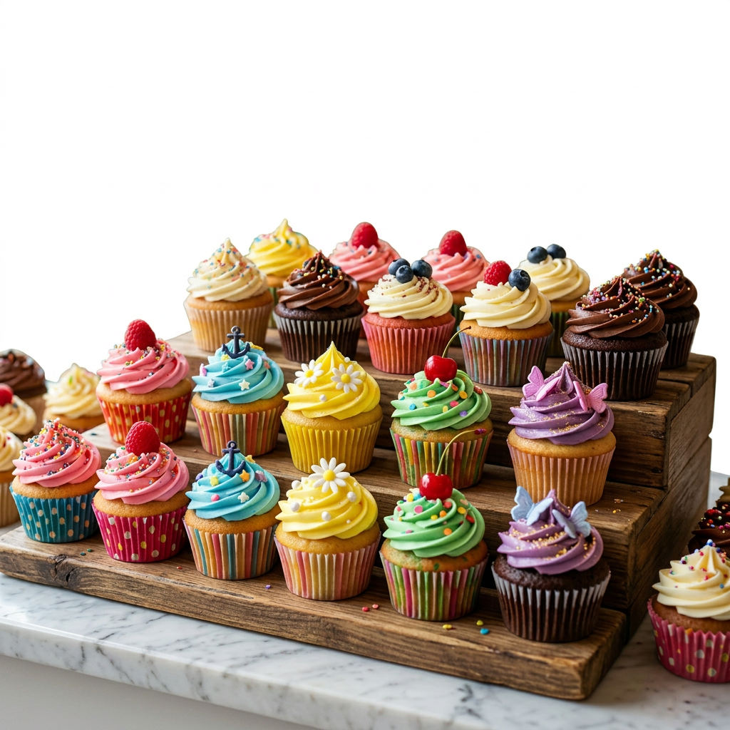 Variety of cupcakes with colorful frosting and toppings on wooden display